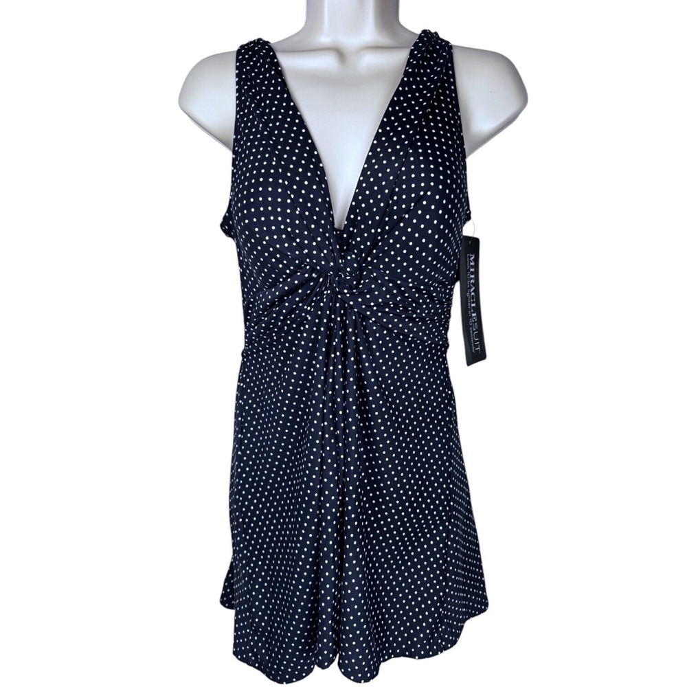 MiracleSuit Marais Swim Dress Sz 10 Navy Blue‎ Dot Soft Cup Bra Scoop Back NWT